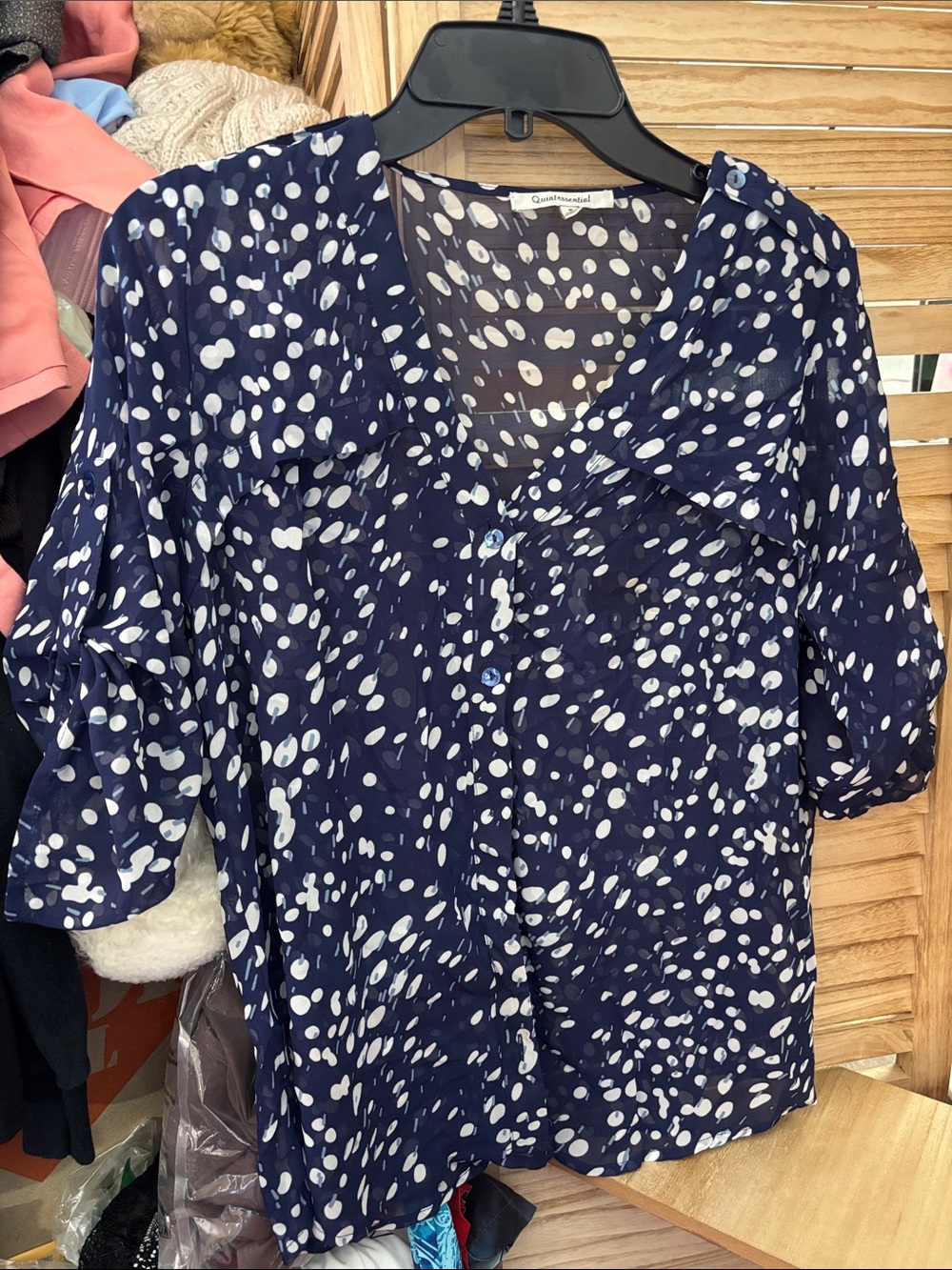 Quintessential Navy and White Dot Sheer Button-Up Blouse Small